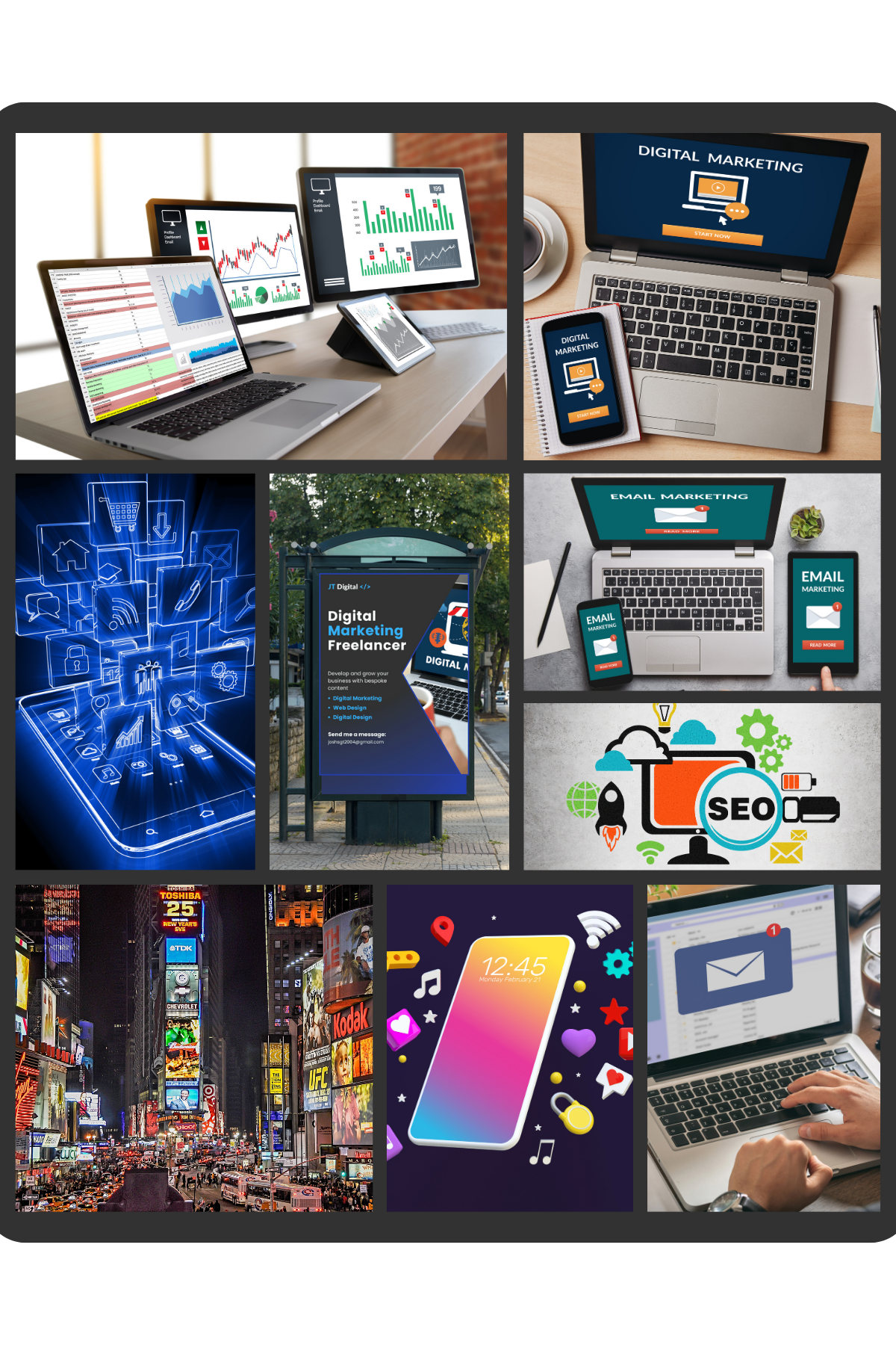 Collage of all aspects of digital and offline marketing